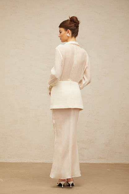 Gisèle white panelled semi-sheer maxi dress