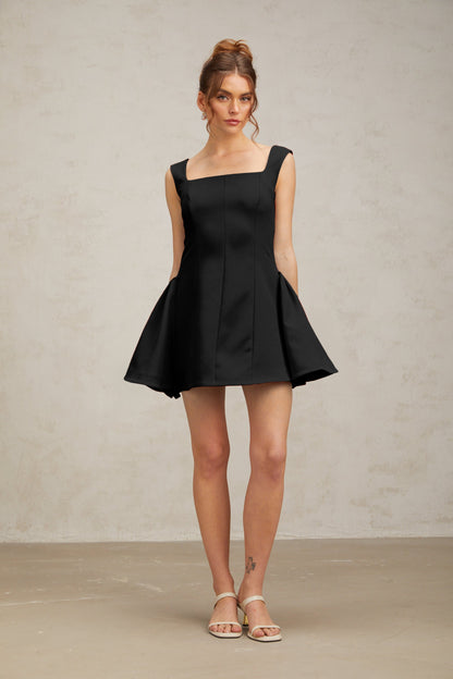 Margherita square-neck puff mini dress in Black