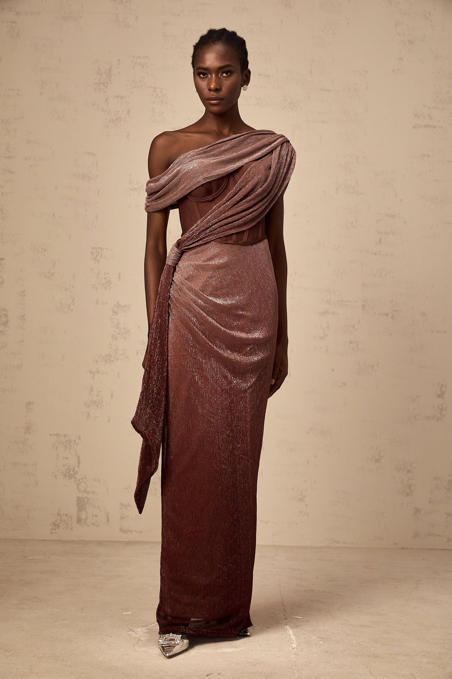 Delphine ribbon-design corset maxi dress in Brown