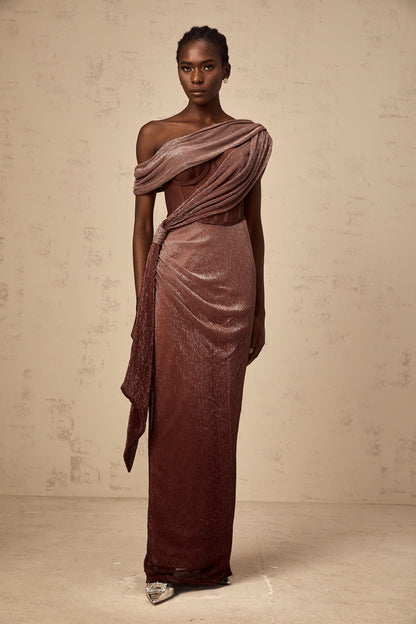 Delphine ribbon-design corset maxi dress in Brown