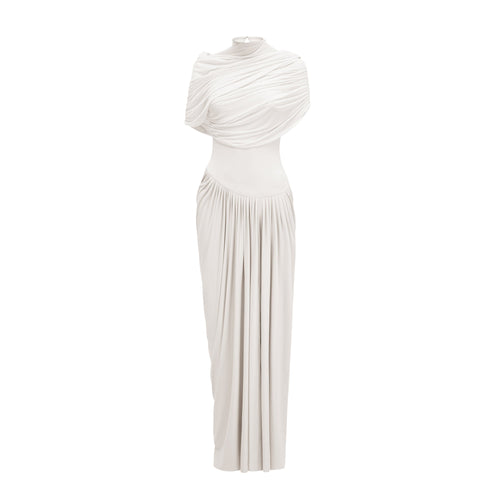 Catherine asymmetric pleated maxi dress in White