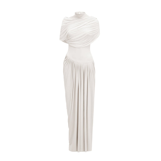 Catherine asymmetric pleated maxi dress in White