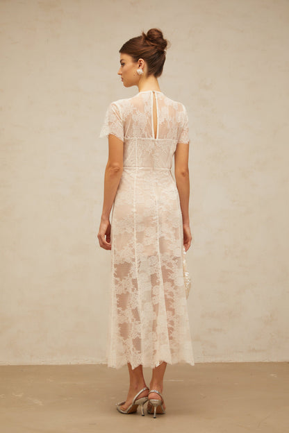 Célia floral-lace midi dress in White