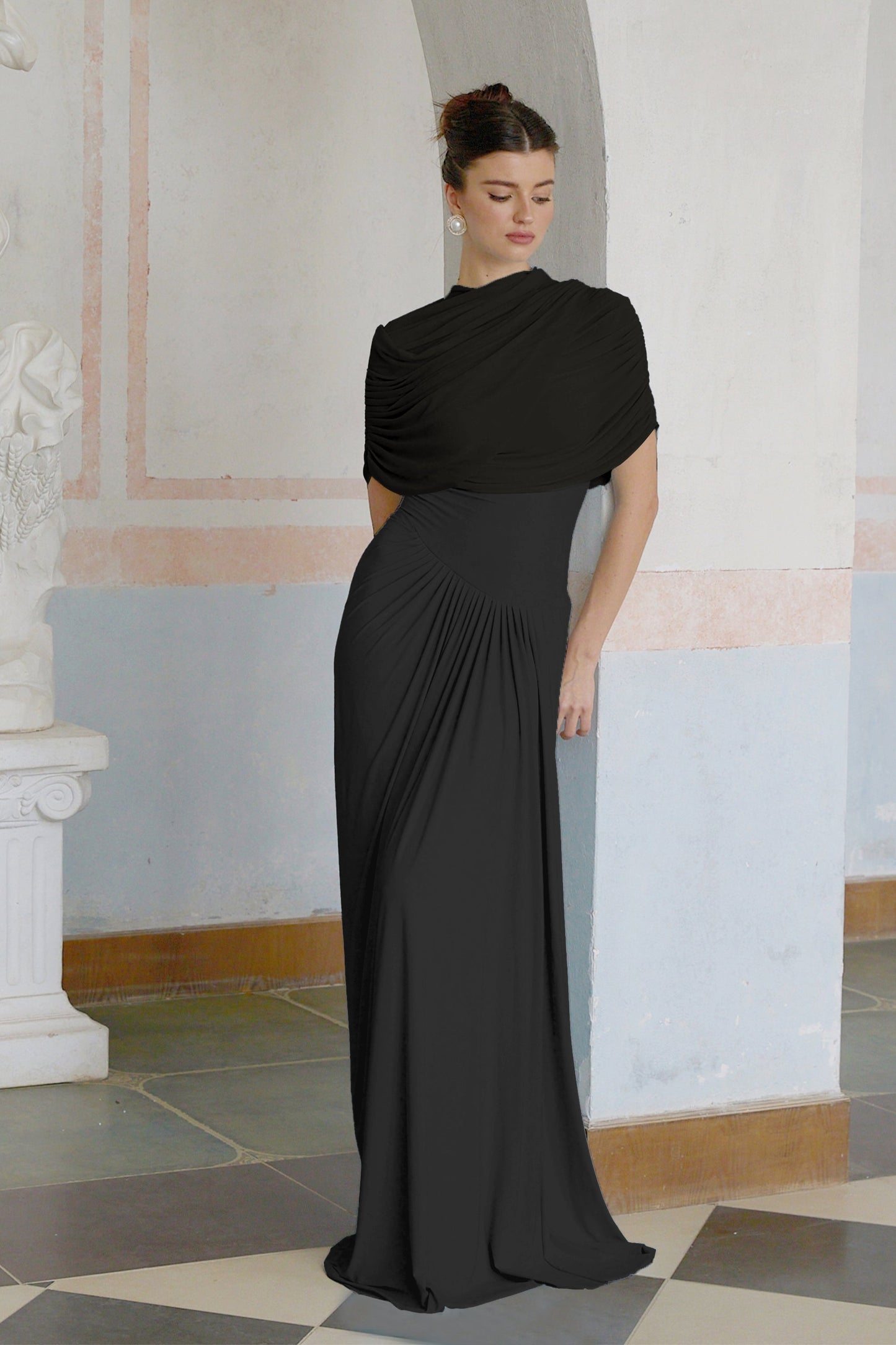 Catherine asymmetric pleated maxi dress in Black