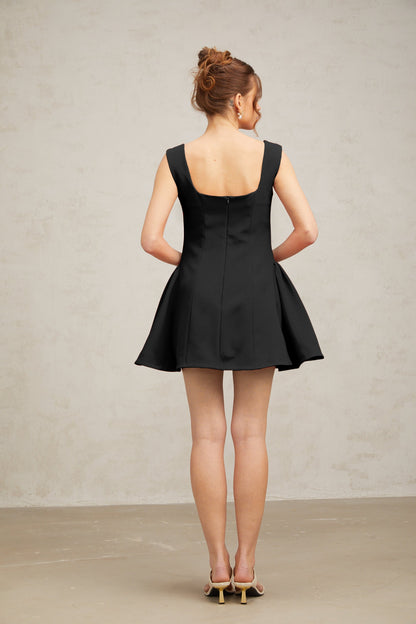 Margherita square-neck puff mini dress in Black