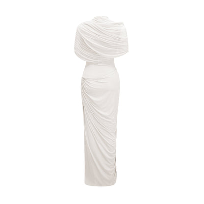 Catherine asymmetric pleated maxi dress in White