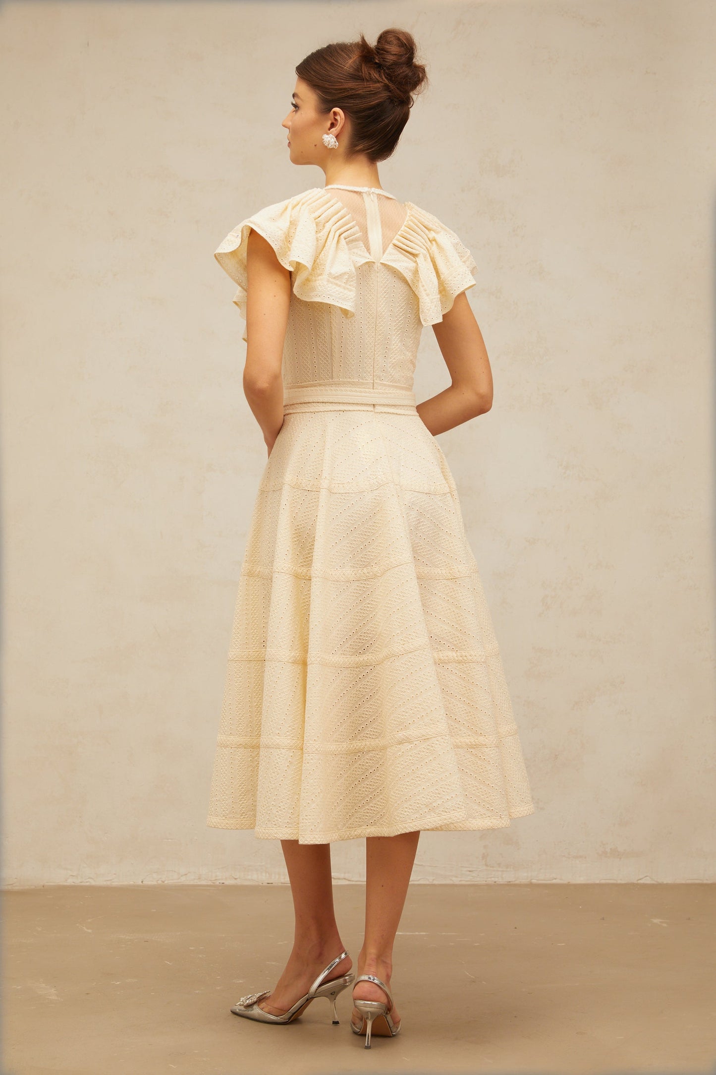 Irène neutrals belted pointelle-trim ruffled midi dress