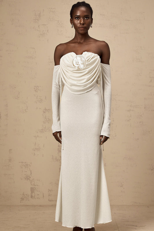 Julia floral-appliqué ruched strapless maxi dress