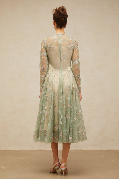 Philomène green flower-embroidery pleated midi dress