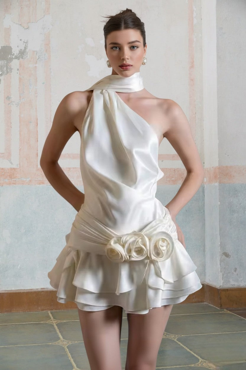 Satin Halter Backless Floral Mini Dress