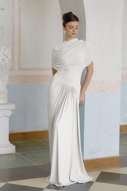 Catherine asymmetric pleated maxi dress in White
