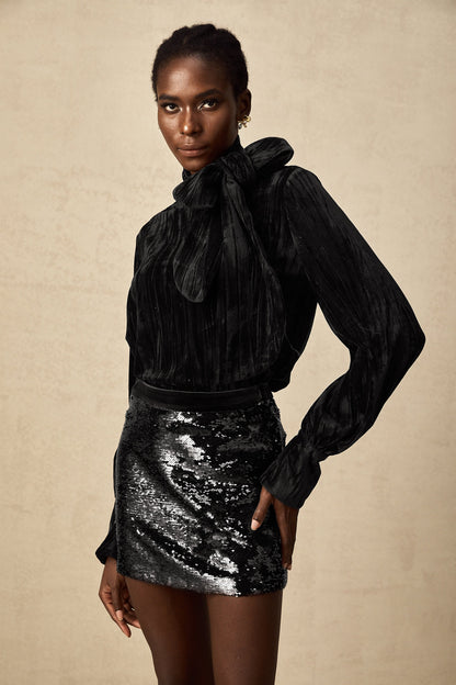 Aude sequined velvet blouse & skirt matching set