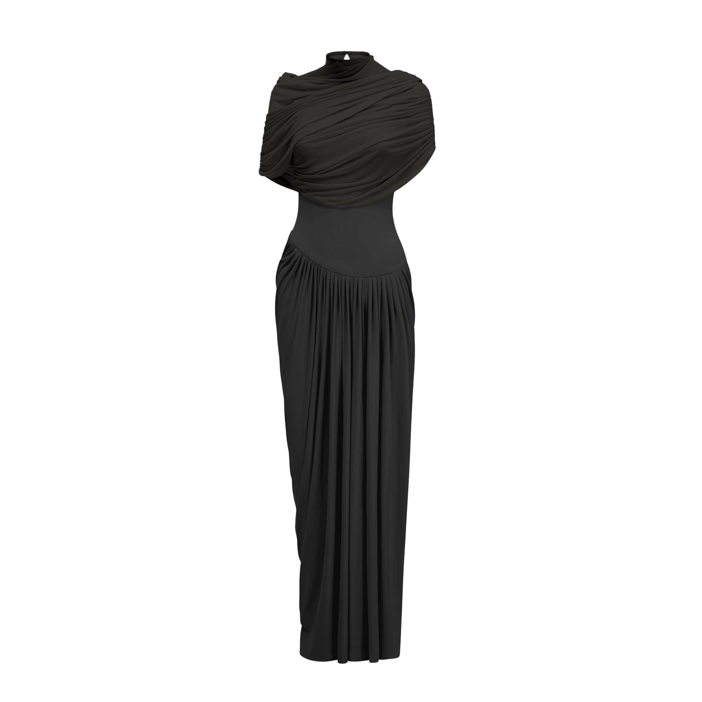 Catherine asymmetric pleated maxi dress in Black