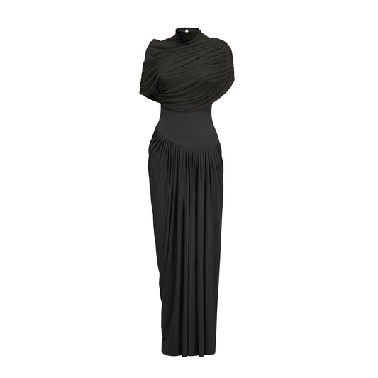Catherine asymmetric pleated maxi dress in Black
