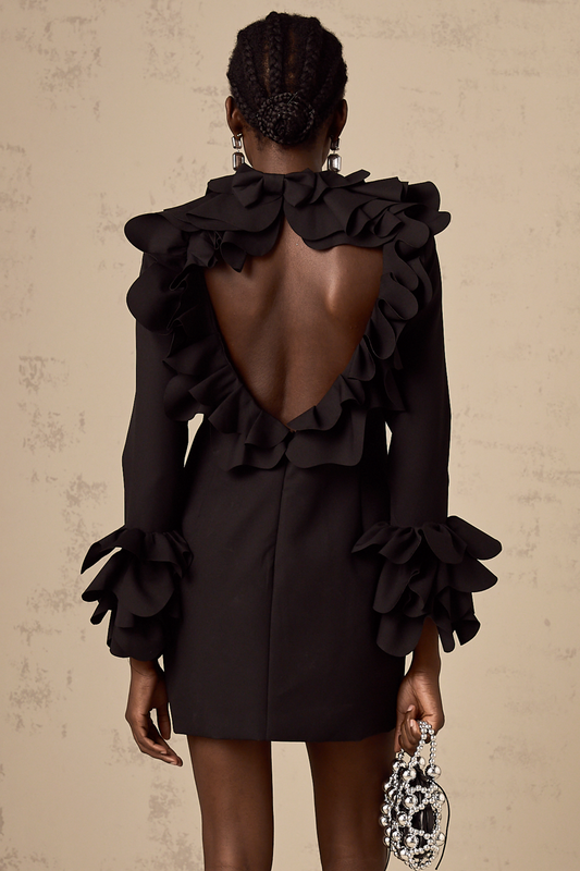 Priscille black ruffled open-back mini dress (US Only)