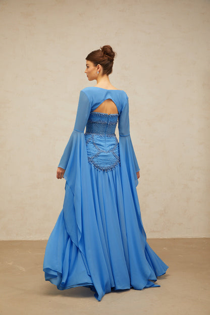 Gaëlle blue faux-pearl-embellished pleated maxi dress