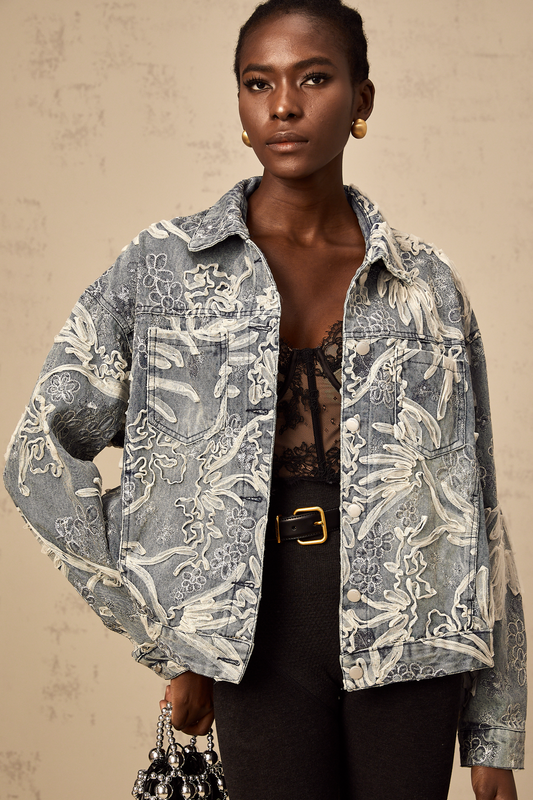 Mailys blue sequined flower-embroidery denim jacket