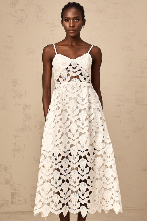 Delphine white cut-out lace midi dress
