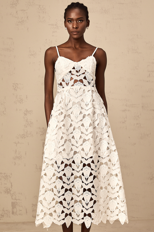 Delphine white cut-out lace midi dress
