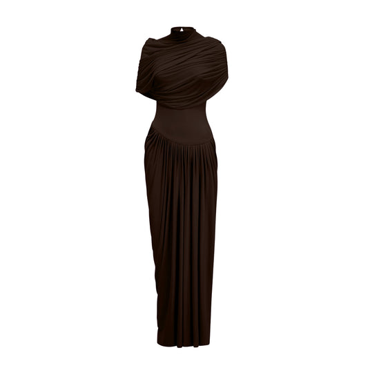 Catherine asymmetric pleated maxi dress in Brown