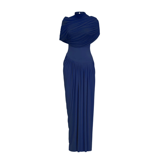 Catherine asymmetric pleated maxi dress in Navy-blue