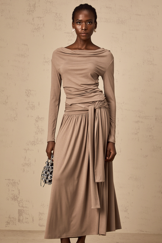 Katell oatmeal draped-detail stretched top & skirt matching set
