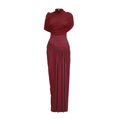 Catherine asymmetric pleated maxi dress in Red
