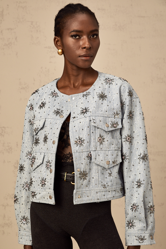 Katell blue studded sun-motif denim jacket