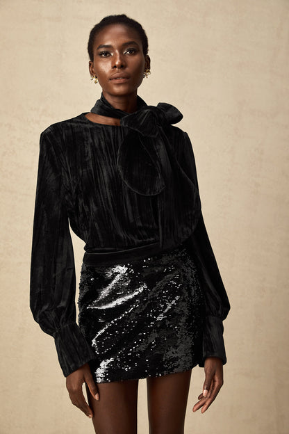 Aude sequined velvet blouse & skirt matching set