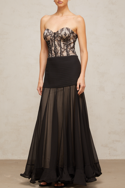 Pétunia black lace flounce maxi dress