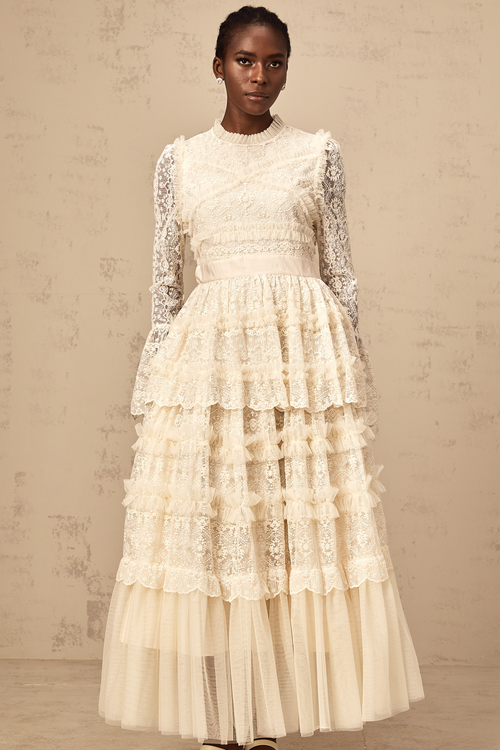 Agnès neutrals lace-panel ruffled tulle maxi dress