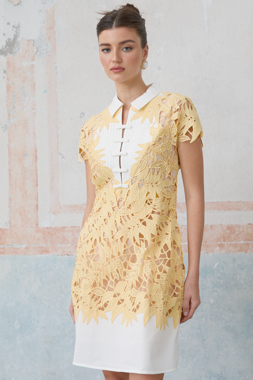 Camille yellow leaf-appliqué mini dress