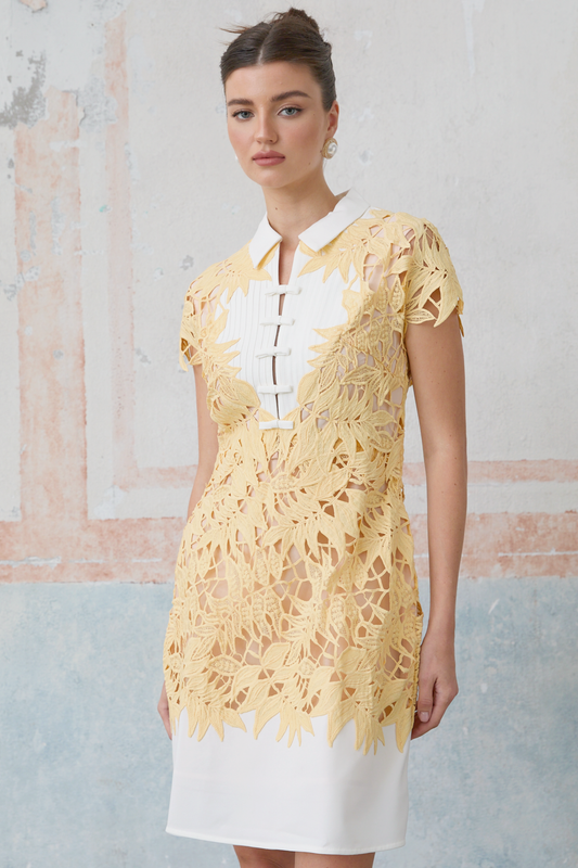 Camille yellow leaf-appliqué mini dress