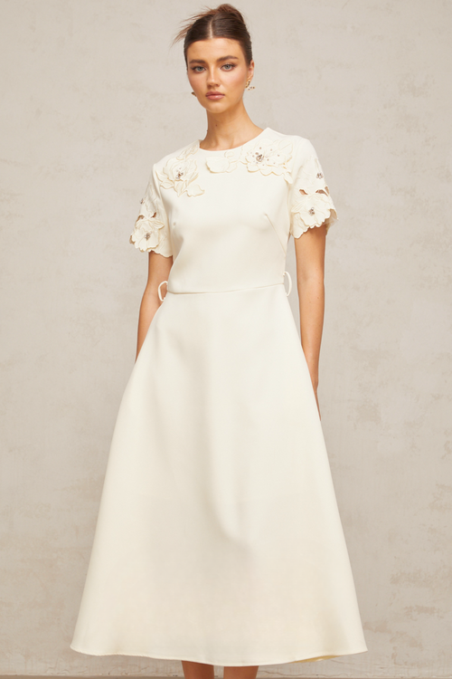Orane neutrals floral-appliqué flared midi dress