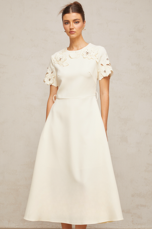 Orane neutrals floral-appliqué flared midi dress