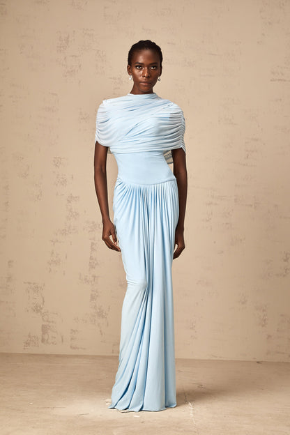 Catherine asymmetric pleated maxi dress in Baby-blue