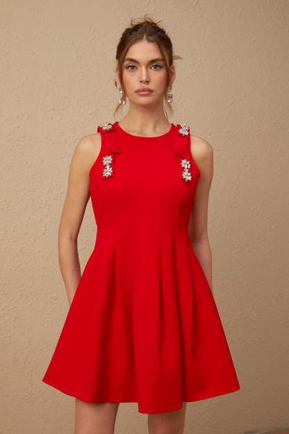 Louisa red bow sleeveless pleated mini dress (US Only)