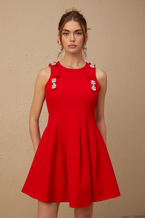 Louisa red bow sleeveless pleated mini dress (US Only)