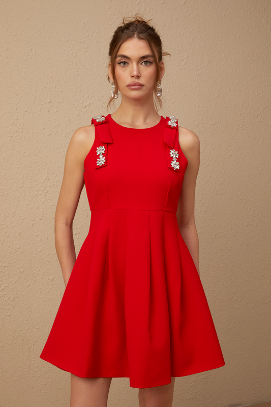 Louisa red bow sleeveless pleated mini dress (US Only)