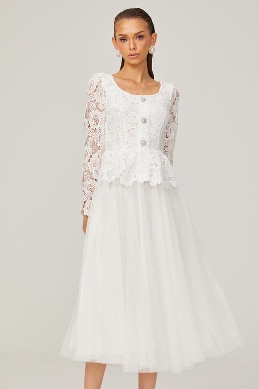 Gabrielle white peplum-waist tulle midi dress (US Only)