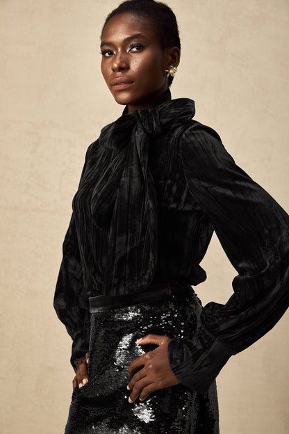 Aude sequined velvet blouse & skirt matching set