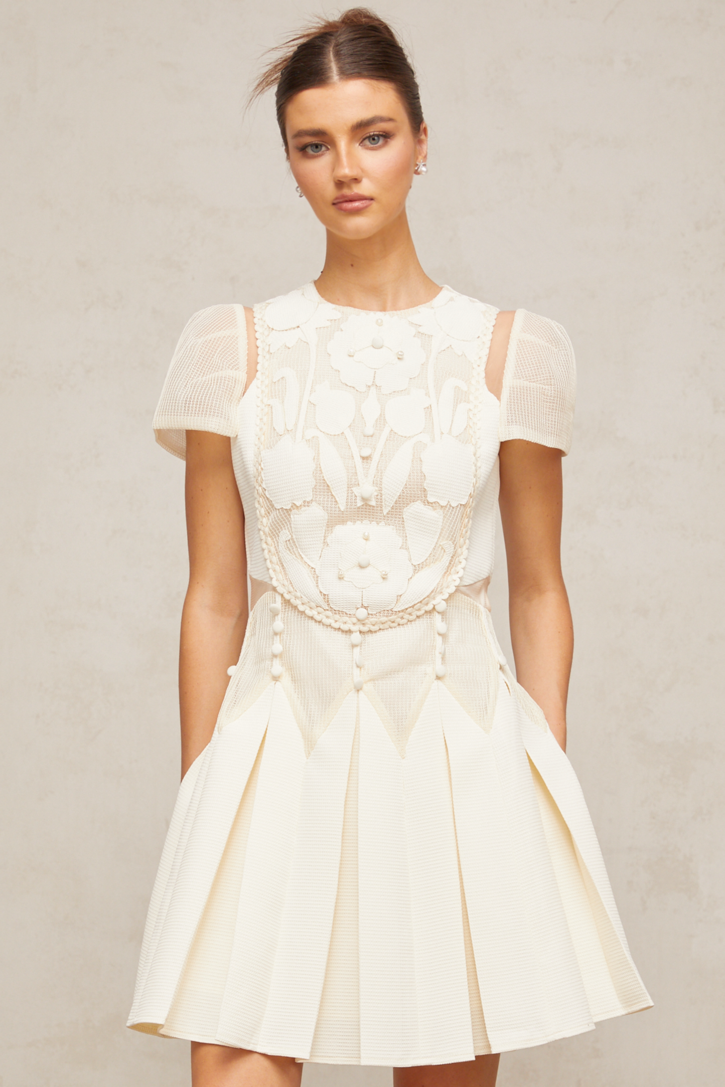 Maelle white flower-embroidery mini dress