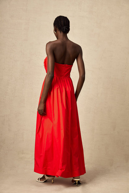 Assia red 3d-petal ruffled maxi dress
