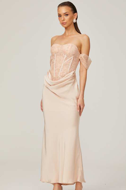 Ariane pink lace-panel draped midi dress