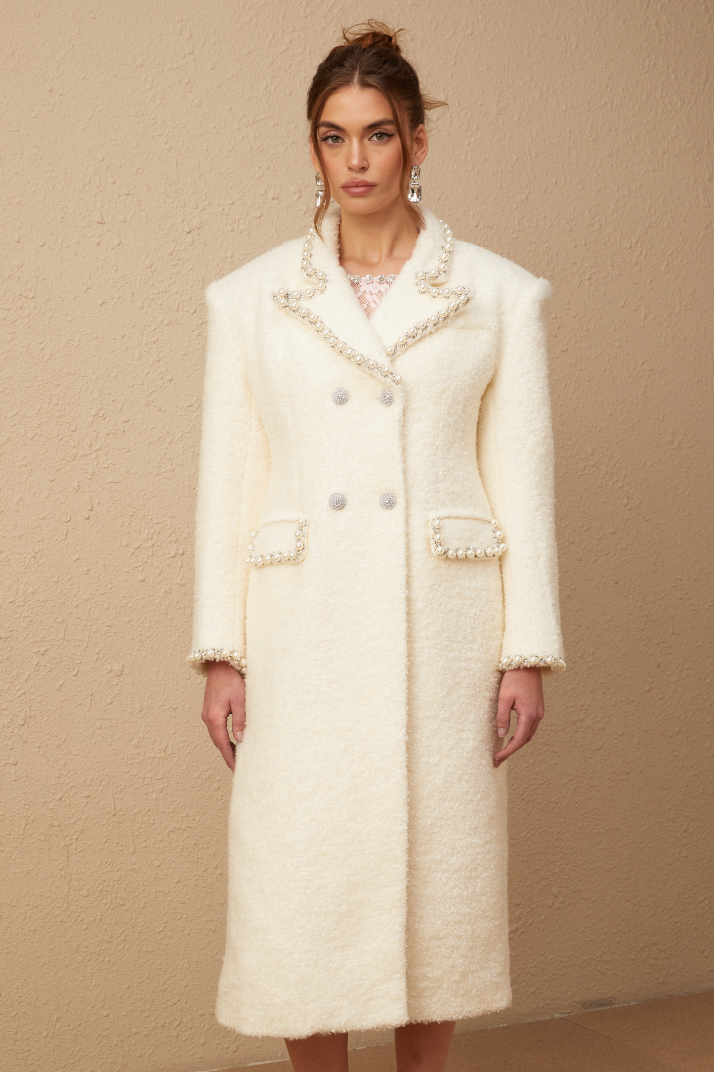 Isotta wool faux-pearl embellished tweed long coat