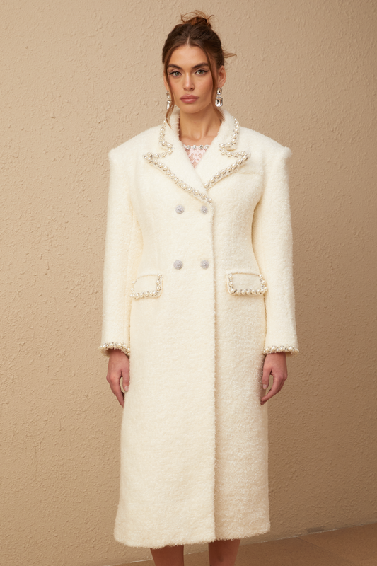 Isotta wool faux-pearl embellished tweed long coat