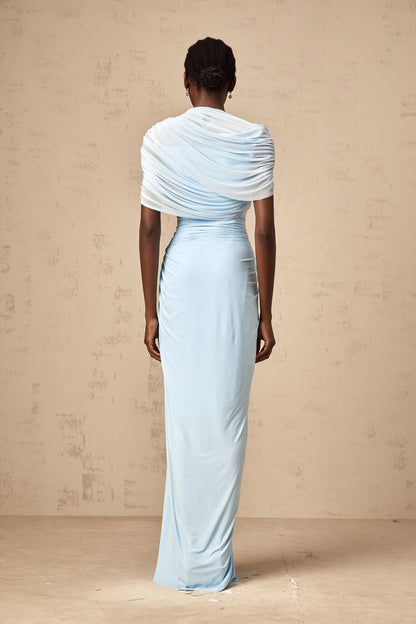 Catherine asymmetric pleated maxi dress in Baby-blue