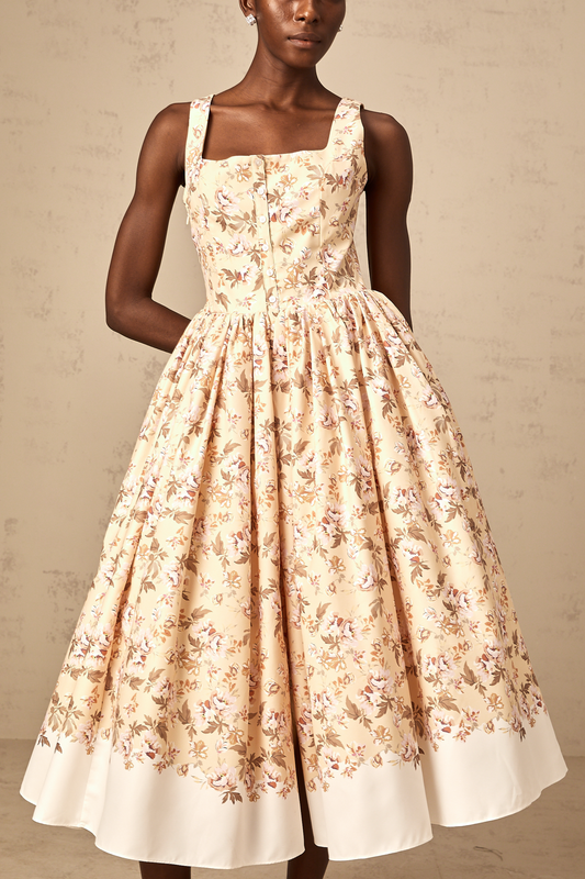 Alizée yellow floral-print buttoned midi dress