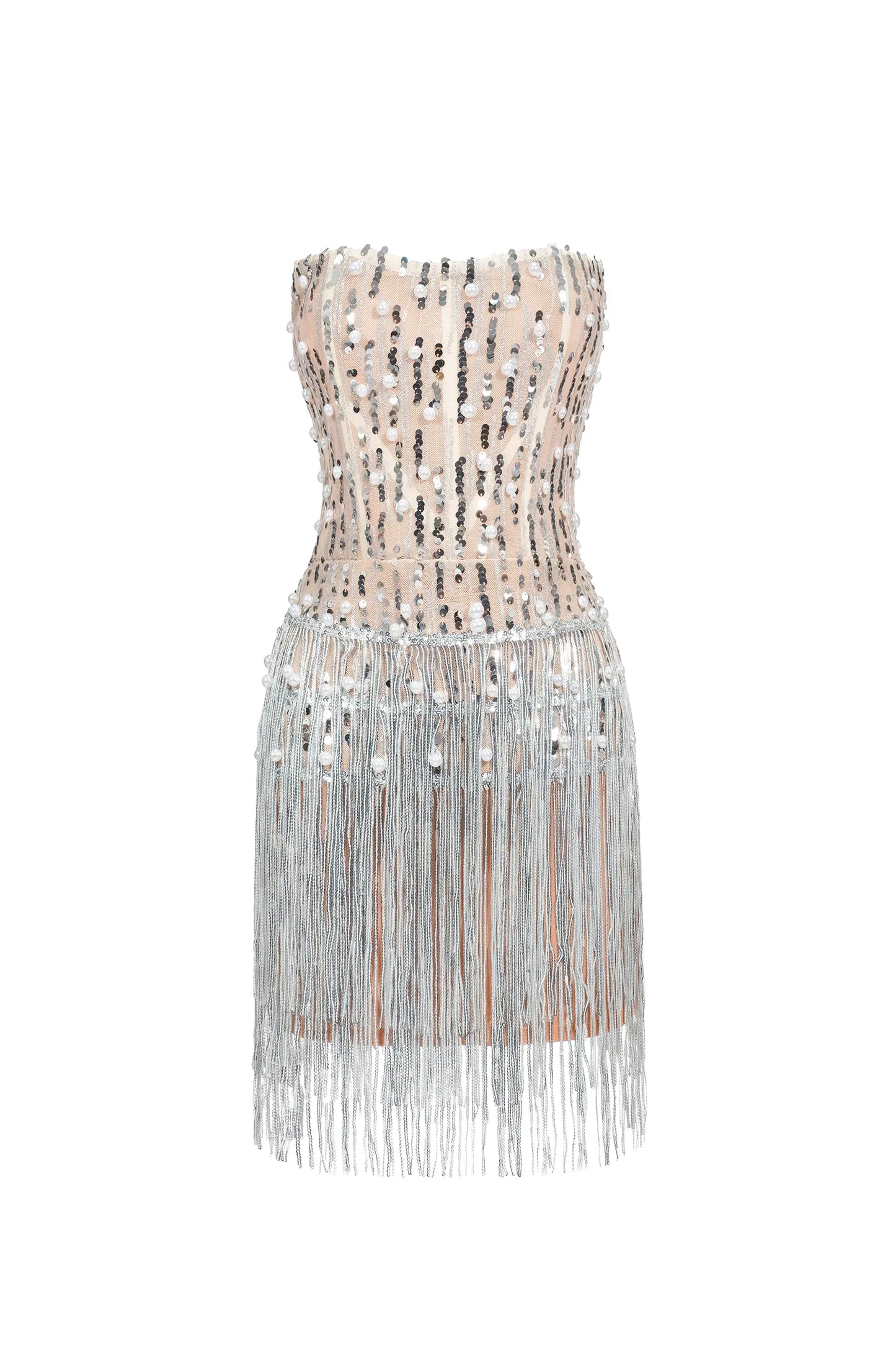 Glamorous Strapless Pearl Sequin Fringe Mini Dress