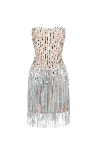 Glamorous Strapless Pearl Sequin Fringe Mini Dress
